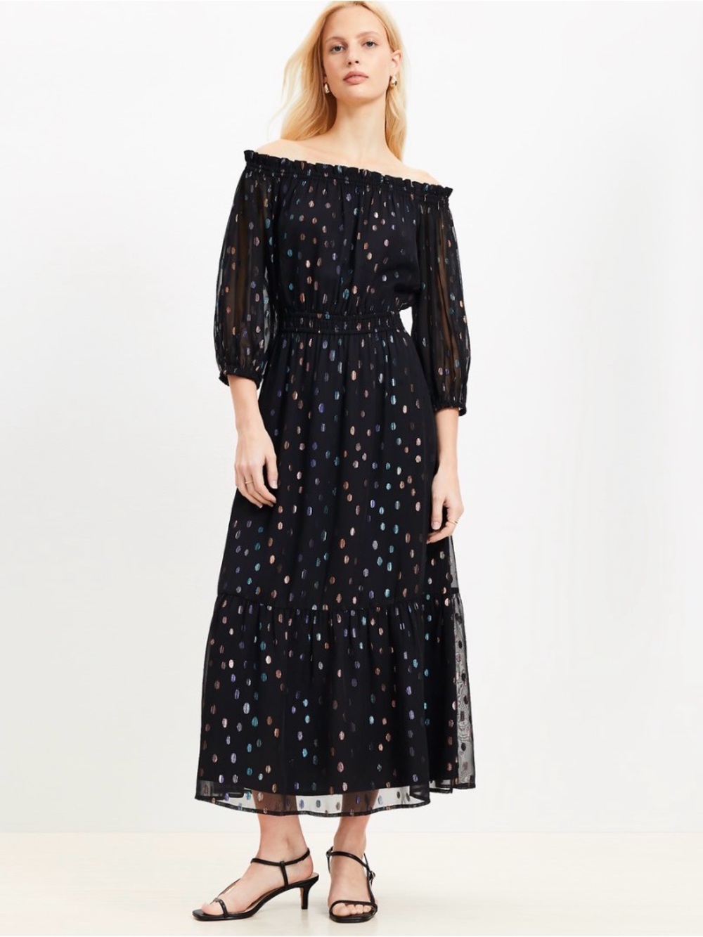 Loft - Shimmer Clip Balloon Sleeve Off The Shoulder Midi Dress